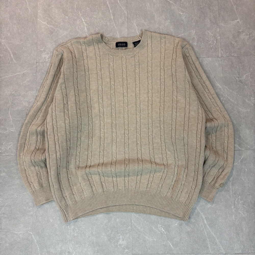 IZOD Mens‎ Beige Tan 100% Cotton Cable Knit Crewneck Sweater Size Medium